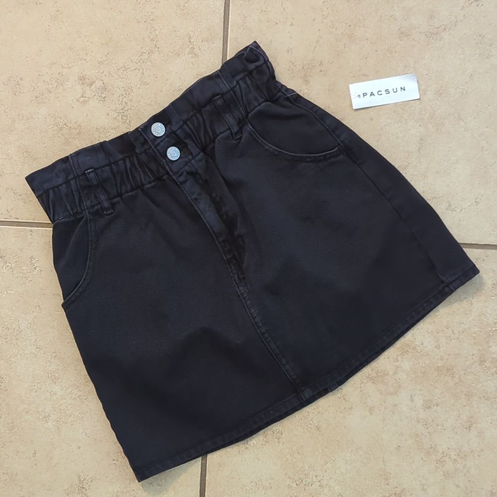 NWT PacSun Paper Bag Black Wash Elastic Cinched Waist Denim Jean Skirt - Size S